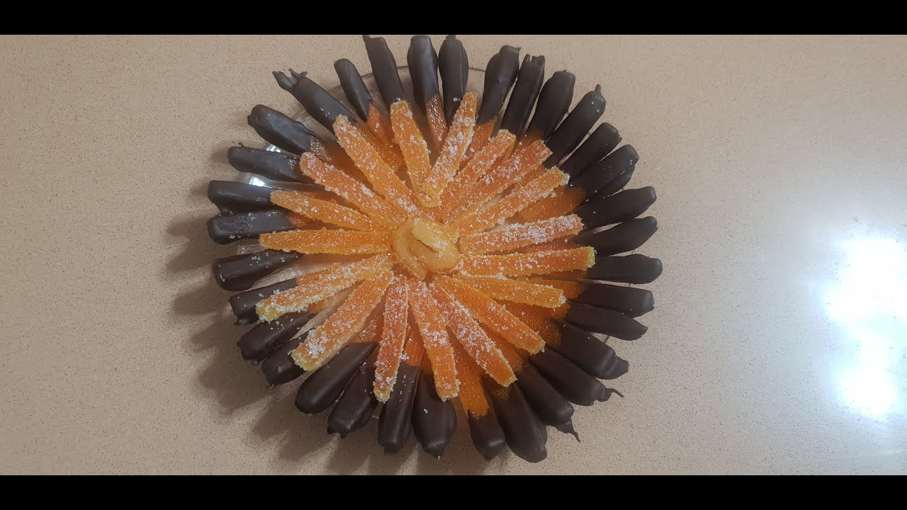 מתכון לקליפות תפוזים מסוכרים מצופה שוקולד מריר-Candied orange peels coated in dark chocolate