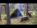 Solo Bushcraft Overnight - Moss Shelter, Natural Spring Water, Firewood Shack, Campfire Cooking