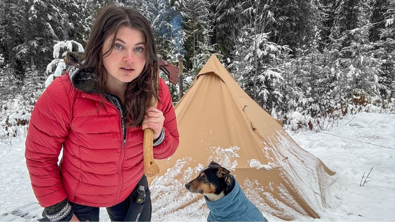 Solo Winter Hot Tent Camping in a Snowstorm with my dog
