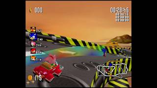 Sonic R: Grand Prix Part 4: Reactive Factory (Sonic, All 5 Medals + Emerald 6 & 7)
A more mechanical course. No doubt its another one of Eggmans sites.
Reactive Factorys song is Work It Out. While Regal Ruins Back In Time focused on looking back into the Past, Work It Out focuses on looking towards future. Specifically, how we cant just sit around and wait for a Good Future to happen. We have to make like Sonic CD and work together to make that Good Future happen, ourselves!
The last two Chaos Emeralds can be found in this course. I get the Gray one from a yellow submarine after passing through a nearby 50 Ring Gates (well doesnt that just... Beat-all?). Meanwhile, the red one is found from a machine after passing through a different 50 Ring Gate after going through a loop-de-loop.
Also, you dont even have to use that loop. You can just skip it to save time or get a lead!
After getting this courses 5 Medals, you have to race against another new robot contraption: Metal Knuckles. He seems more like a Metal robot character than Tails Doll was.
Beat Metal Knuckles in a race, and hes yours to use!
But also, having completed the first four courses, I unlock the last course: Radiant Emerald!
Even further, having gotten all 7 Chaos Emeralds, I unlock an extra character in this game! AND hes the best racer in this whole roster!
Both of these will be shown in Part 5! Sonic R: Grand Prix Part 4: Reactive Factory (Sonic, All 5 Medals + Emerald 6 & 7)
