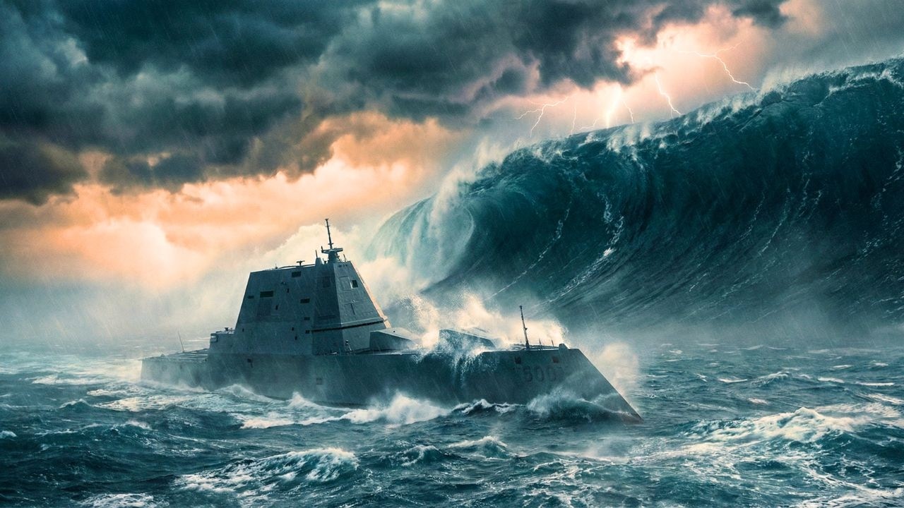 USS Zumwalt  Caught in Giant Tsunami | Ultra Realistic Ocean Disaster (AI VFX)