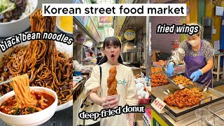 Mukbang at Korean Street Food Market: black bean noodles, fried wings, deepfried donut | Q2HAN