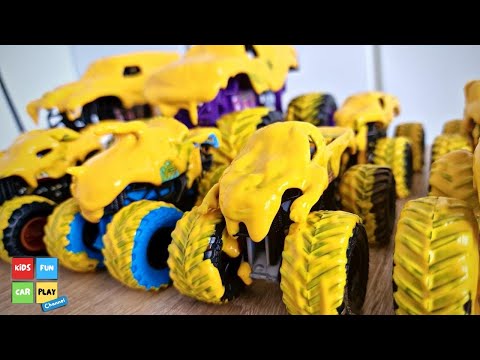 Messy Monster Truck Fun For Kids | Fall In Water | Grave Digger El Toro Loco