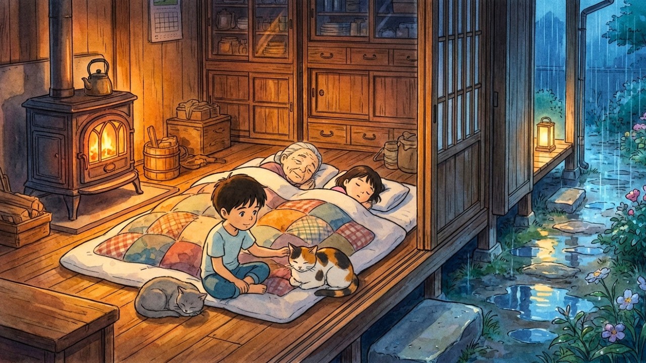 Cozy Rain in a Rural Japanese Home (Wood Stove, Warm Futon, Purring Cats) | Ghibli-Style ASMR