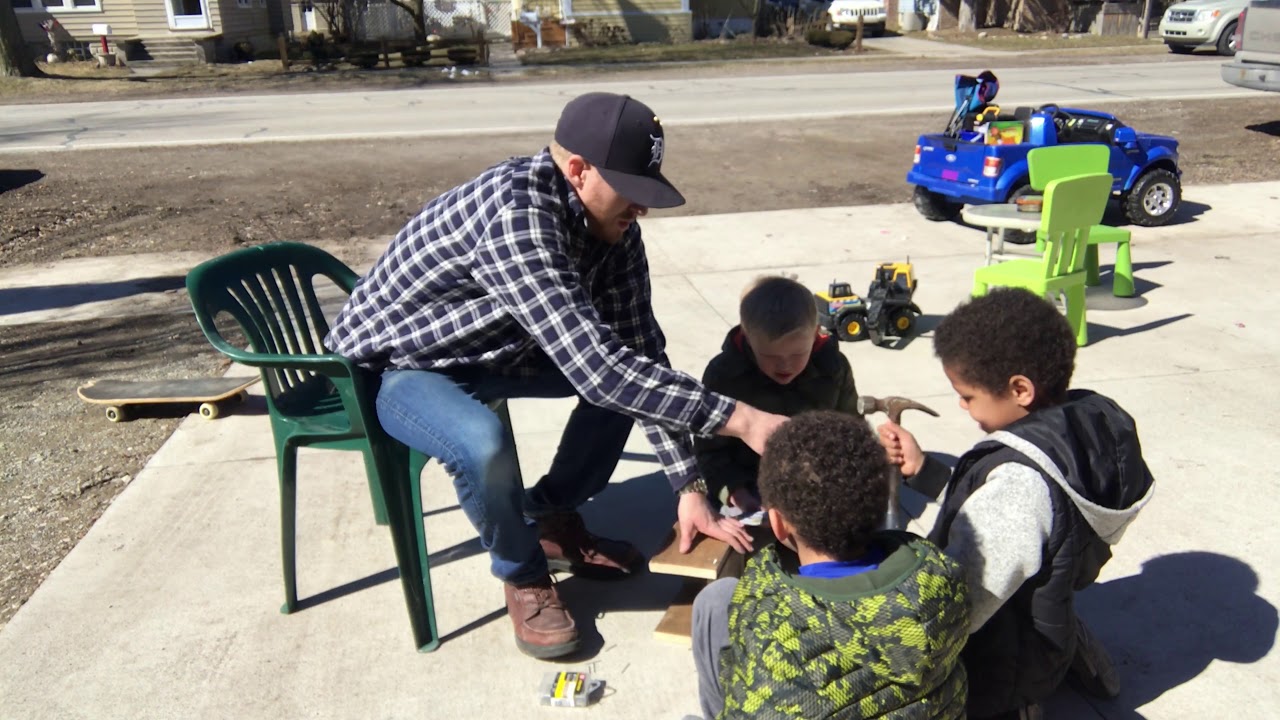 Window Cleaner Eric Thomas Bland teaching my son and his friends how to make a bird house!