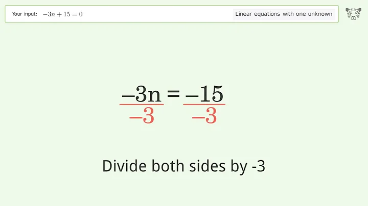 Linear equation with one unknown: Solve -3n+15=0 step-by-step solution