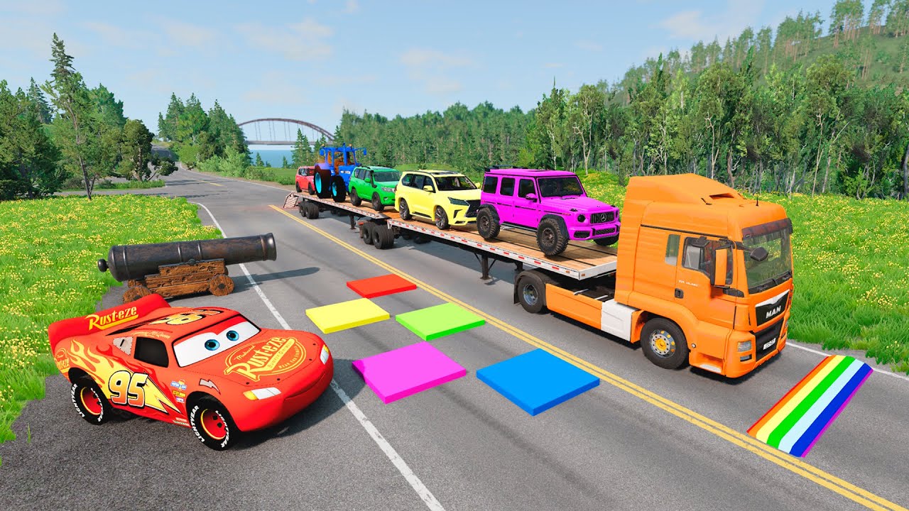 Flatbed Truck McQueen /Transportation with Truck - Pothole vs Car 