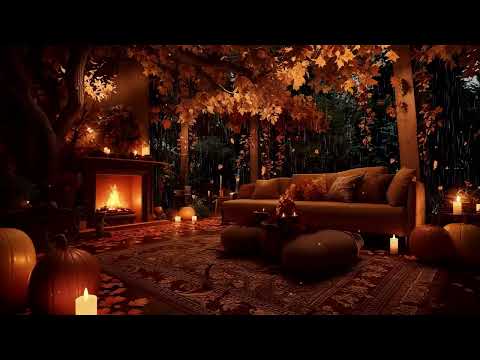 Cozy Rainy Autumn Evening 🍂 Porch Fireplace, Gentle Jazz & Rain Sounds for Deep Focus