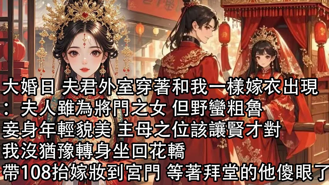 【一口氣看完】大婚日 夫君外室穿著和我一樣嫁衣出現：夫人雖為將門之女 但野蠻粗魯，妾身年輕貌美 主母之位該讓賢才對，我沒猶豫轉身坐回花轎，帶108抬嫁妝到宮門 等著拜堂的他傻眼了