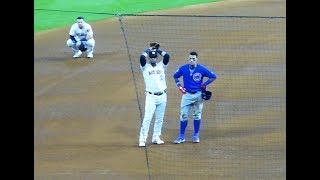 Javier Baez reacts to young girl hit by foul ball from Albert Almora...Cubs vs. Astros...5\/29\/19