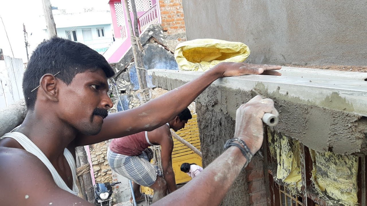 Construction techniques-lintel sun side slab plastering with rain border-using by sand and cement