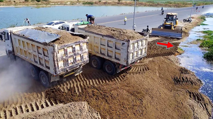Scary!! Heavy Mega Machinery Landfill Using Dump Truck 25T Upload Sand & SHANTUI Dozers Push