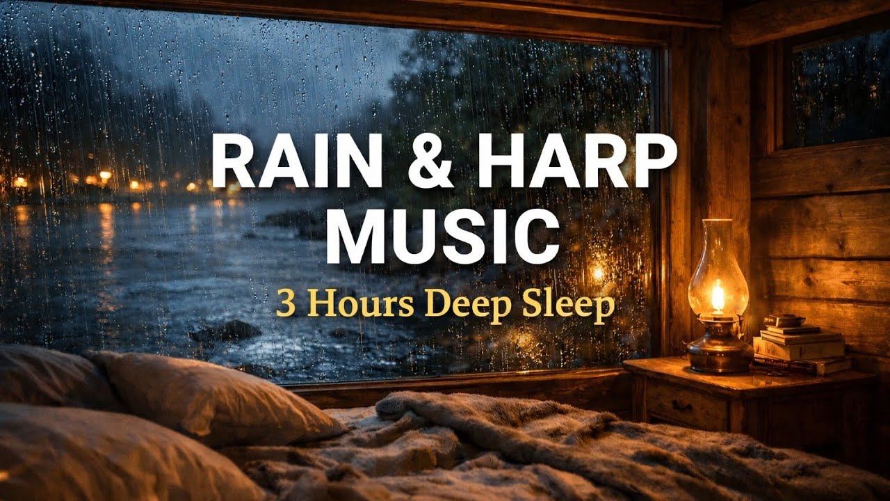 Rain & River with Soft Harp Music 🌧️🎵 3 Hours Cozy Cabin Night Ambience for Deep Sleep & Relax 