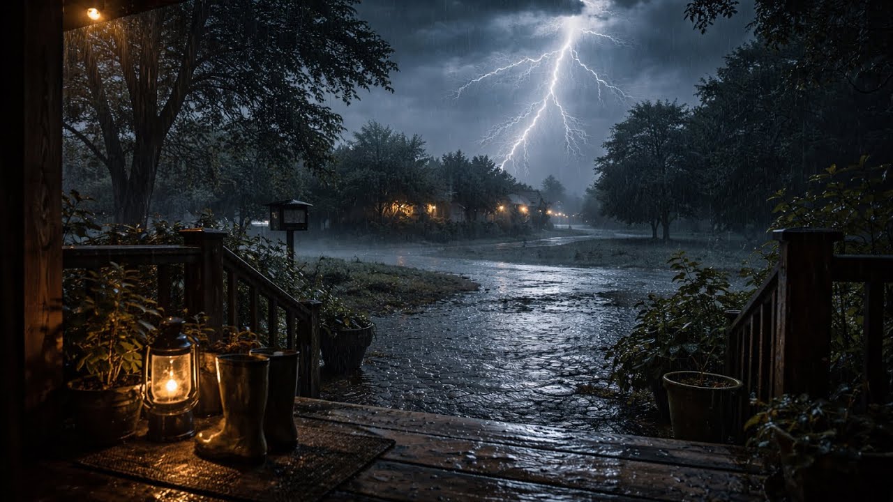 10 Hours Thunderstorm from the Porch – Rain, Thunder & Shelter | Black Screen