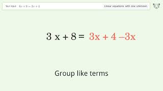 Linear equation with one unknown: Solve 6x+8=3x+4 step-by-step solution