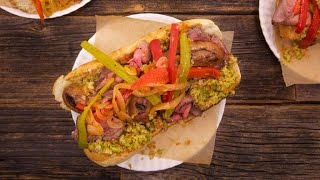 Italian Combo Hoagies with Roast Beef, Hot Sausage, Peppers and Onions