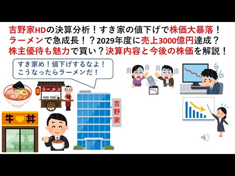 吉野家HDの決算分析！すき家の値下げで株価大暴落！ラーメンで急成長！？2029年度に売上3000億円達成？株主優待も魅力で買い？決算内容と今後の株価を解説！