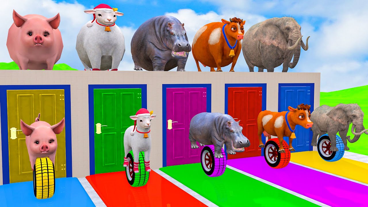 Long Slide Game With Cow Elephant Gorilla Hippopotamus Tiger - 3d Animal Game - Funny 3d Animals