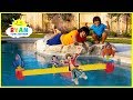 Ryans rocket race game with loser favorite toy into swimming pool