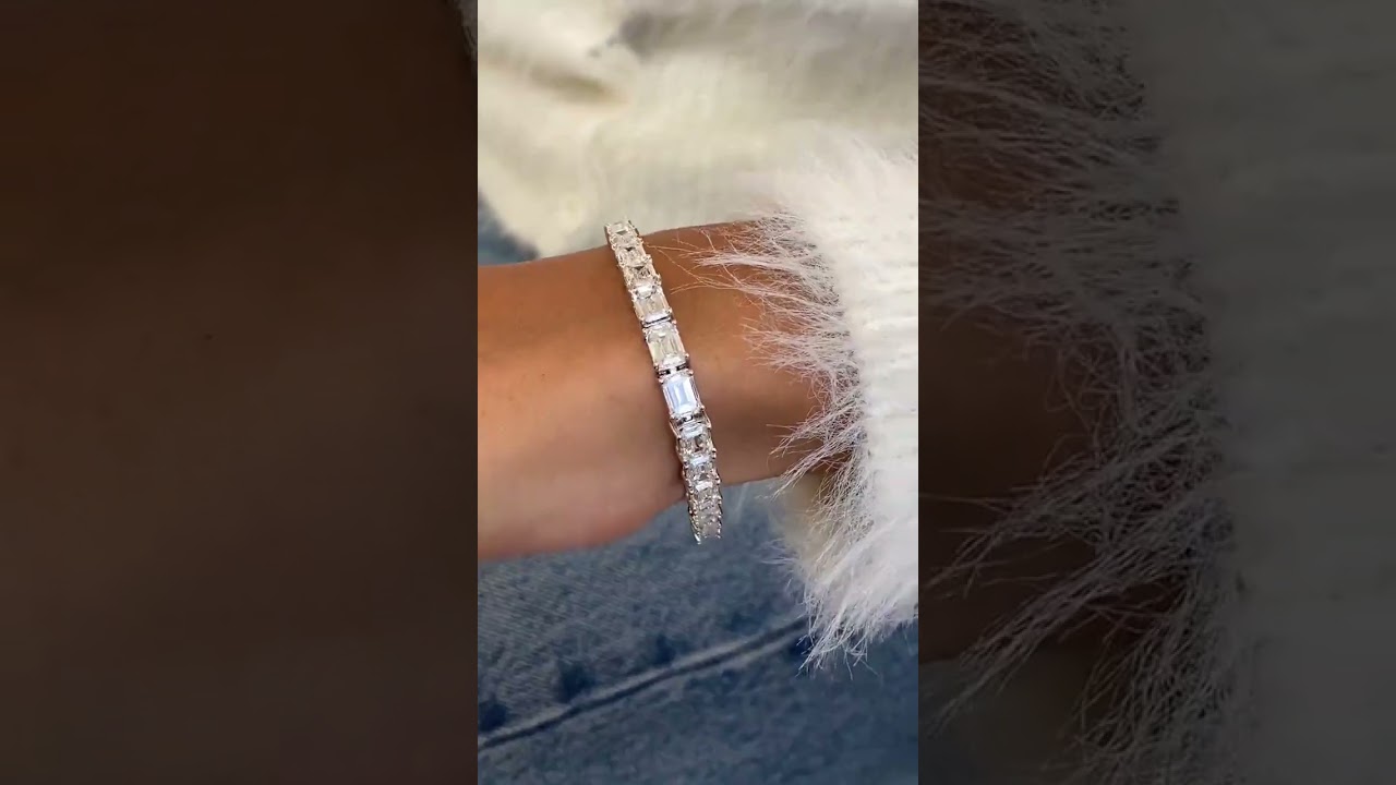 14k White Gold Emerald Cut Lab Grown Diamond Prong Set Elegant Bangle Bracelet 