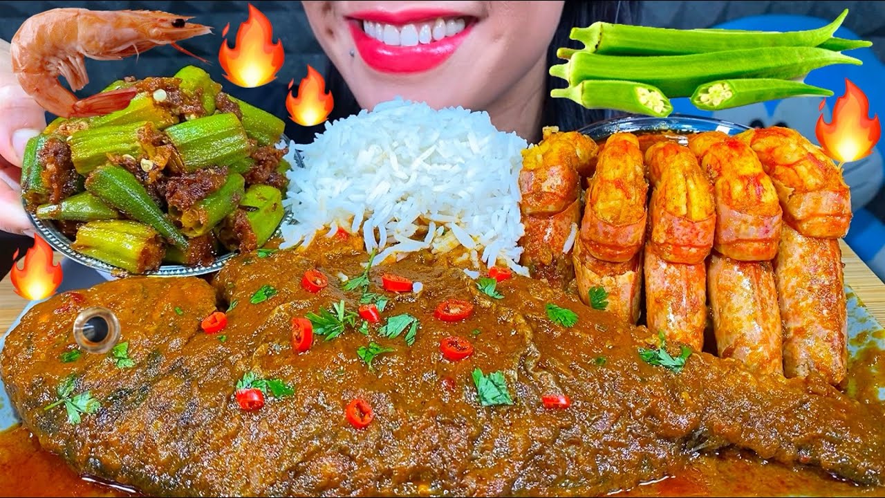 ASMR SPICY BIG FISH CURRY, PRAWN CURRY, OKRA MASALA, RICE MUKBANG MASSIVE Eating Sounds