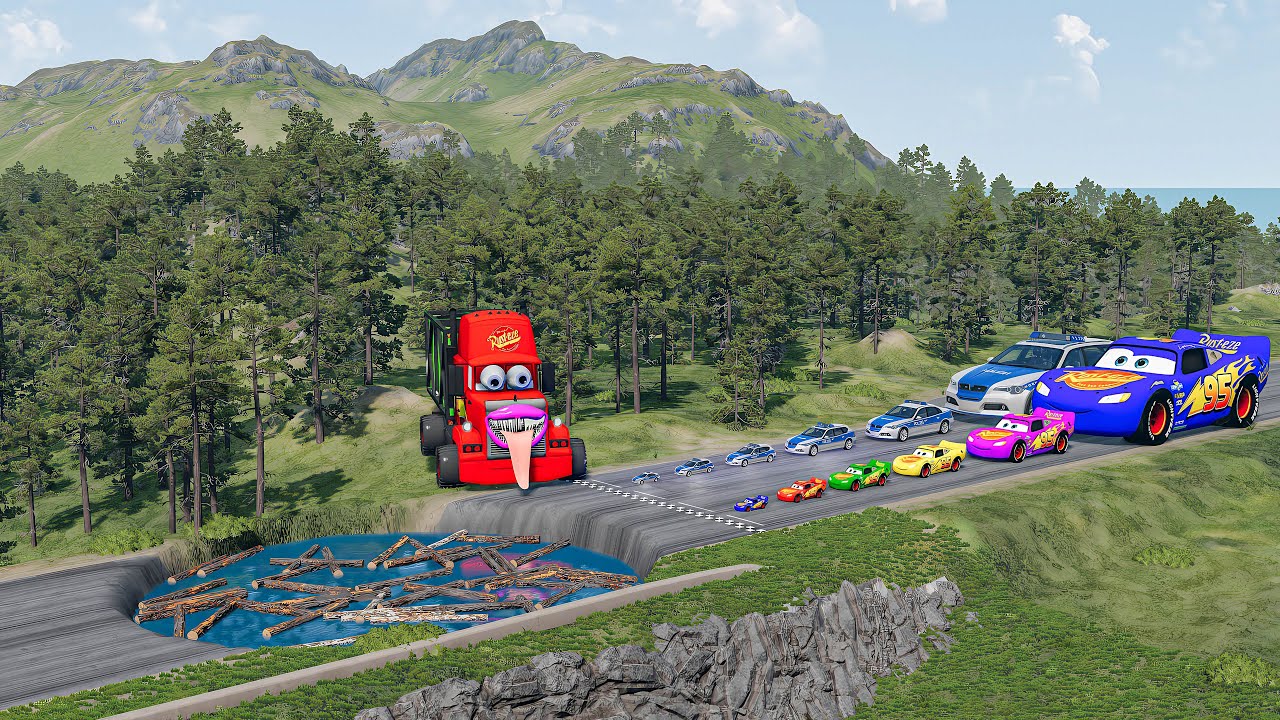 Big & Small McQueen & Police Car vs Zombie Mack, Giant Water Pit & Log Downhill Race – BeamNG.drive