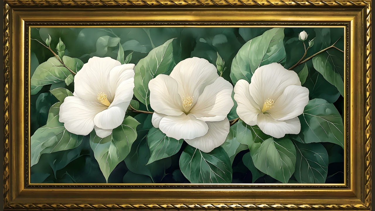 Magnolia Flowers and Sage Green Foliage, Rustic Vintage Oil Painting | Framed TV Art Screensaver 4K