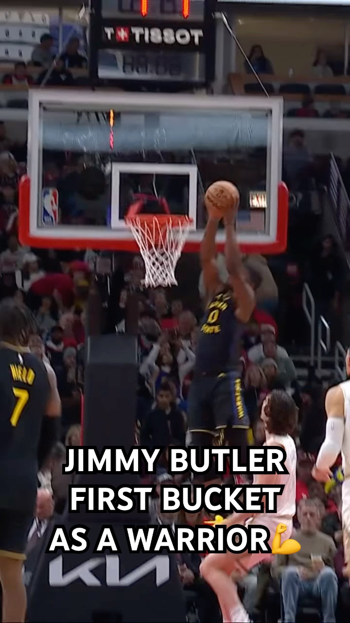 Jimmy Butler gets up for his first basket as a Warrior