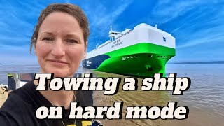 UK Harbour Tug backing up alongside giant car carrier and assisting into lock, insta360 & pilot coms