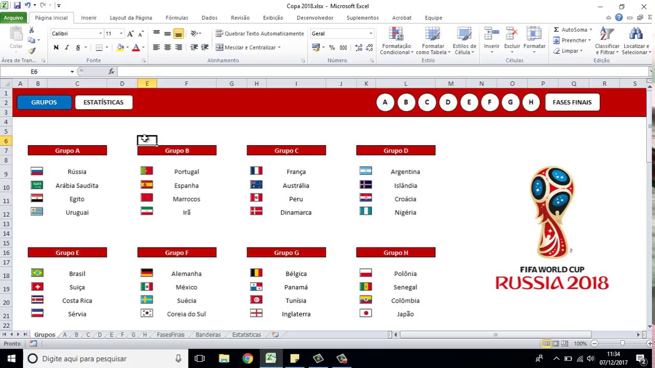 Tabela Copa do Mundo 2018 no Excel