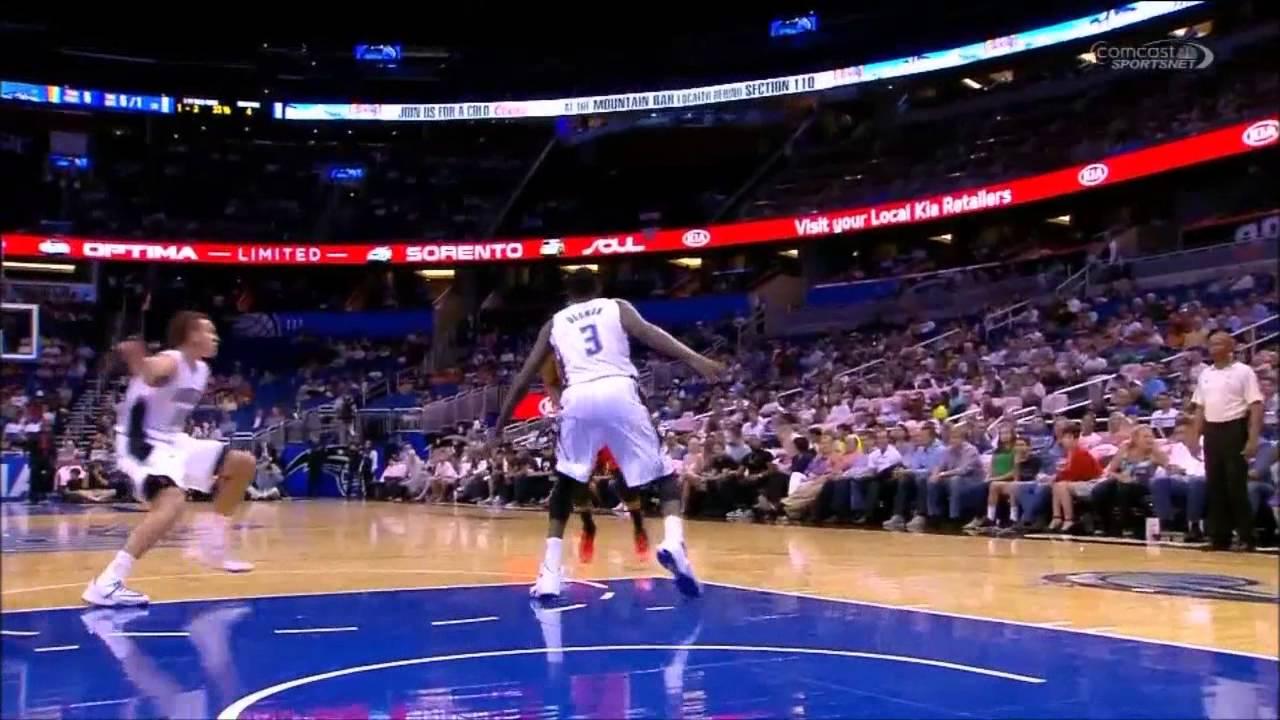 James Harden passes it between Dewayne Dedmon's legs