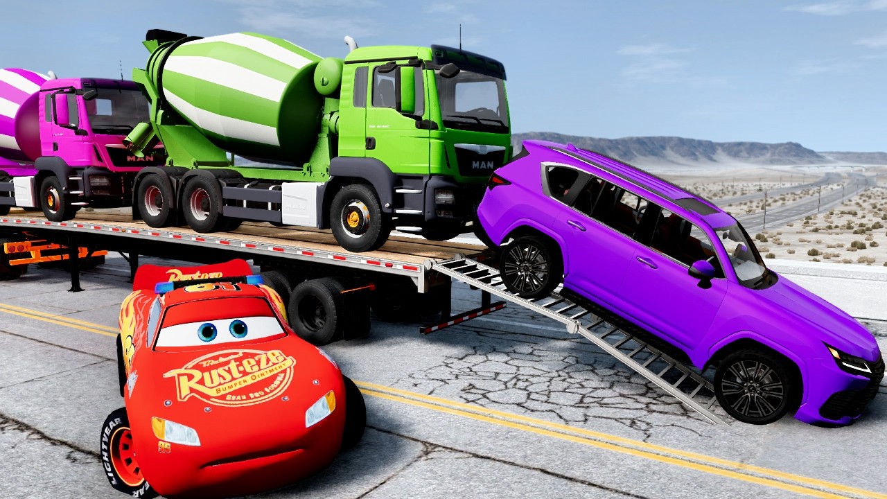 Flatbed Truck Mcqueen  Transportation with Truck   Pothole vs Car #58  BeamNG Drive 3