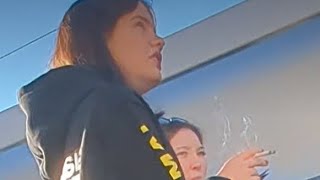 Girl Smoking On The Bench Outside And Crush Her Cigarette