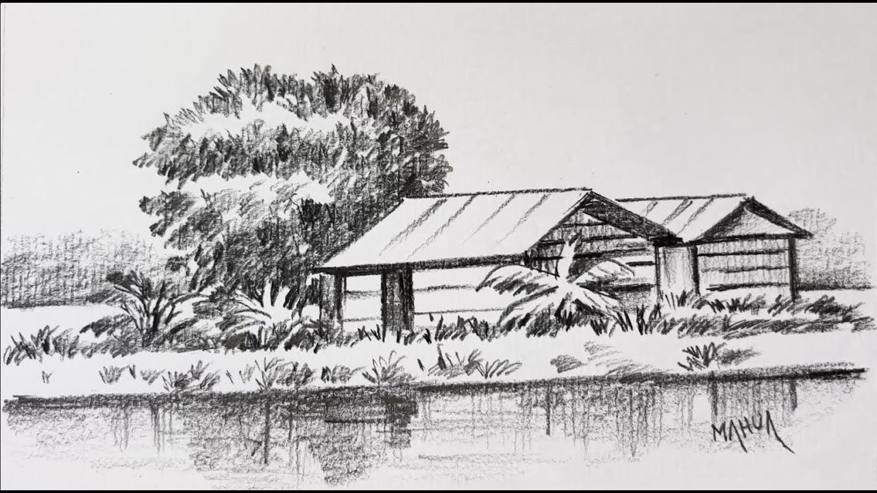A Simple House & Tree Landscape in Pencil Shading | Basic Landscape ...