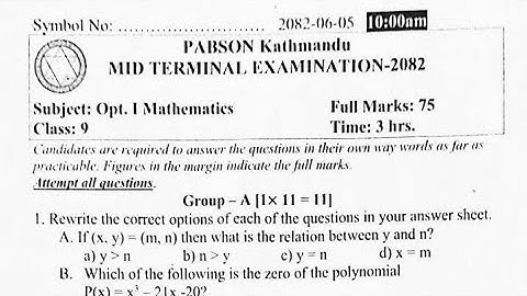 Opt.Math PABSON Question 2082, Class 9,Kathmandu Mid Term Exam 2082