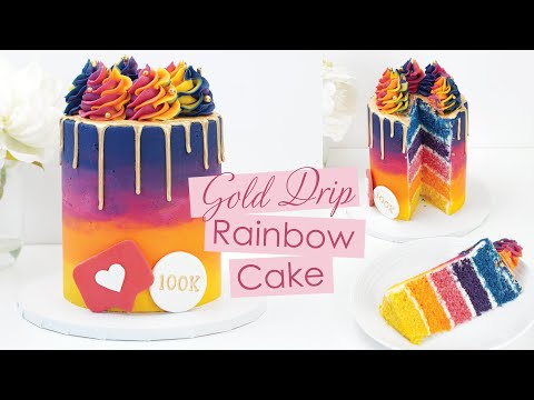 Gold Drip Buttercream Rainbow Cake - Cake Decorating Tutorial - Instagram Inspired Cake Design