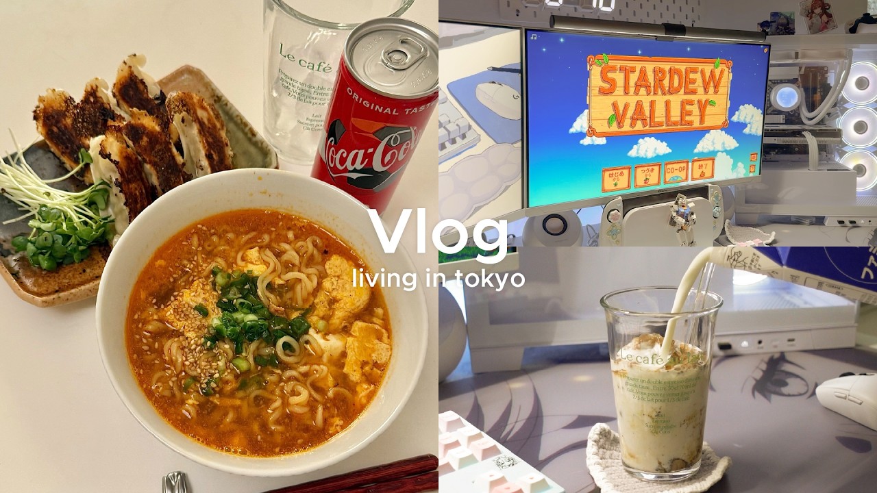 疲れた体に沁みる退勤後の辛ラーメン🍜🥟飲み物を準備してゲーム開始🎮stardewvalley🌳簡単ご飯🍳