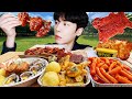 ASMR MUKBANG | 직접 만든 양념치킨 떡볶이 스팸 계란 김밥 야외 먹방 FRIED CHICKEN AND RICE CAKE Tteokbokki