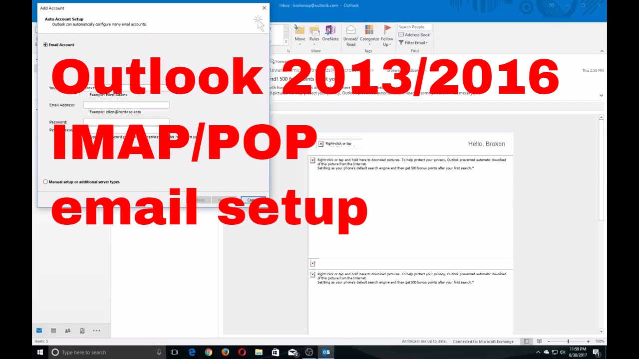 pop and imap account settings for outlook 2016