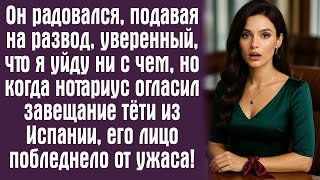 видео: Он радовался, подавая на развод, уверенный, что я уйду ни с чем, но когда нотариус огласил завещание картинка: Он радовался, подавая на развод, уверенный, что я уйду ни с чем, но когда нотариус огласил завещание