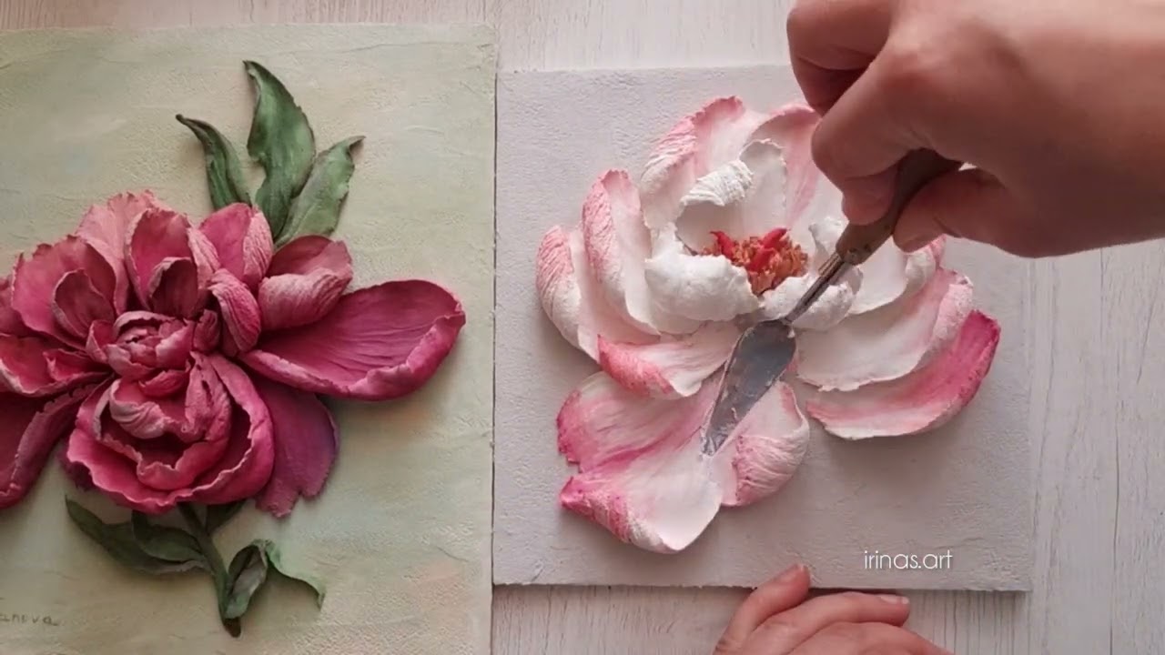 Sweet Peony made of decorative plaster. Sculptural painting. Flower relief panel. Time-lapse