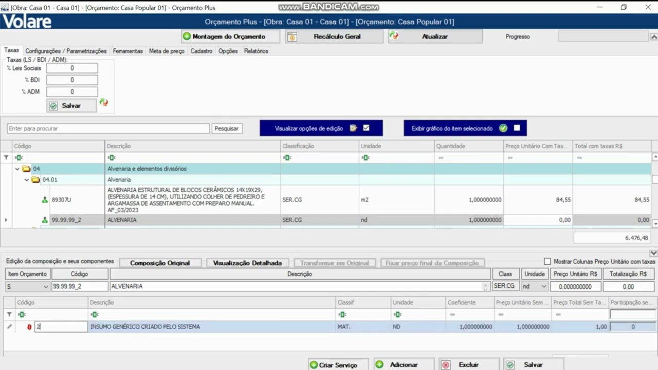 Orçamento Plus - Criar composições livres com insumos genéricos