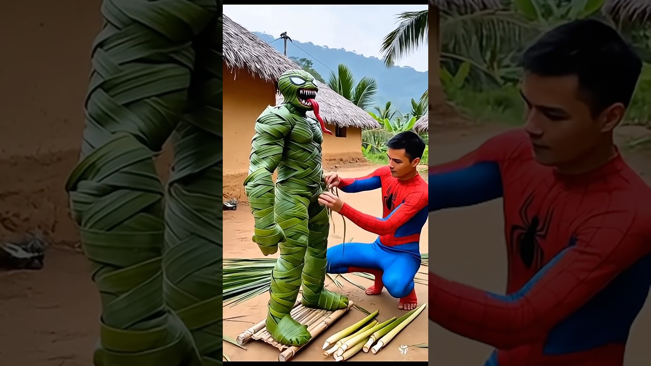 Spiderman vs Hulk Creates a Venom Statue from Green Coconut Leaves! 