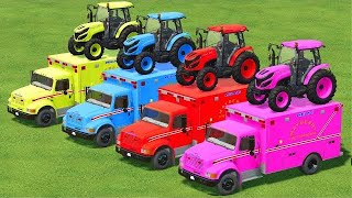 TRANSPORTING MINI CASE TRACTORS WITH AMBULANCE TRUCK & MERCEDES TRUCKS! Farming Simulator 22