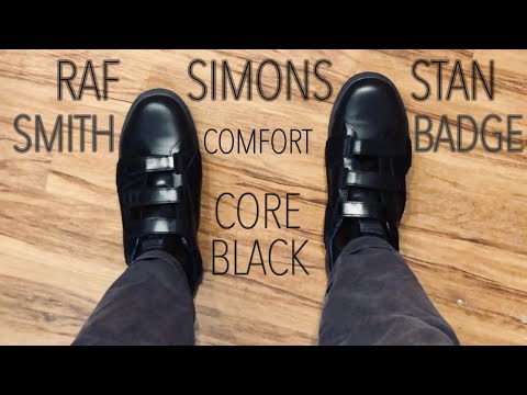 RAF SIMONS ADIDAS STAN SMITH COMFORT BADGE CORE BLACK ON FEET AND REBOXING  - YouTube