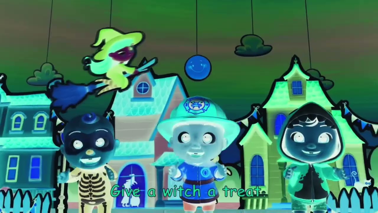 Cocomelon says here i go! Trick or treat? Knock-knock, ring-ring, / voice pitch effects