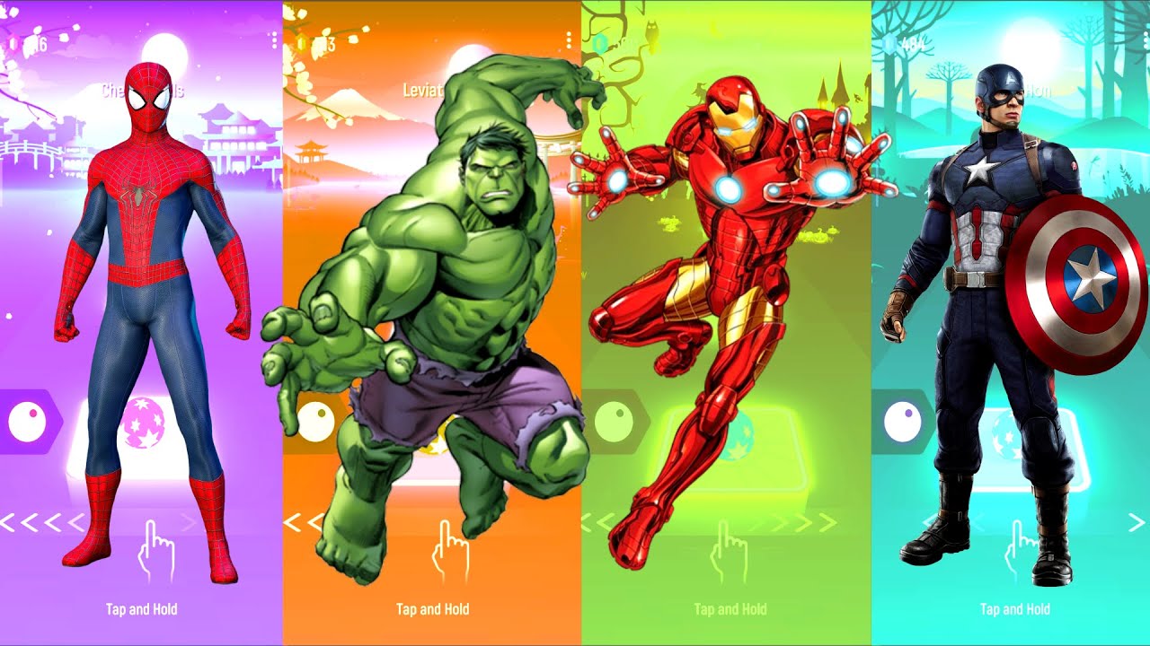 Spiderman 🆚 Hulk 🆚 Iron Man 🆚 Captain America | Marvel Heroes | Tiles Hop Fun Ball
