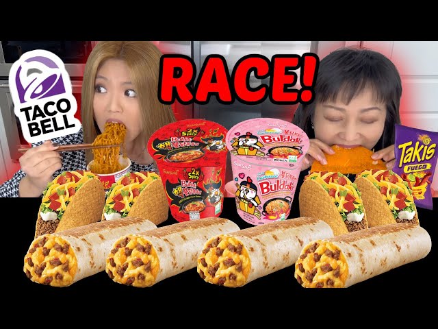 TACO BELL & SPICY BULDAK RAMEN NOODLE RACE EATING COMPETITION! 먹방 class=