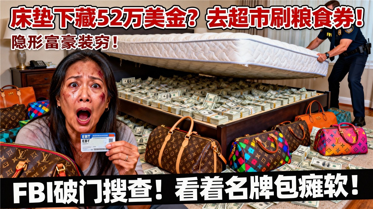床垫下藏着52万美金，却去超市刷粮食券！深圳“隐形富豪”在美国装穷骗保4年，FBI破门那一刻，她看着满屋名牌包彻底瘫软！