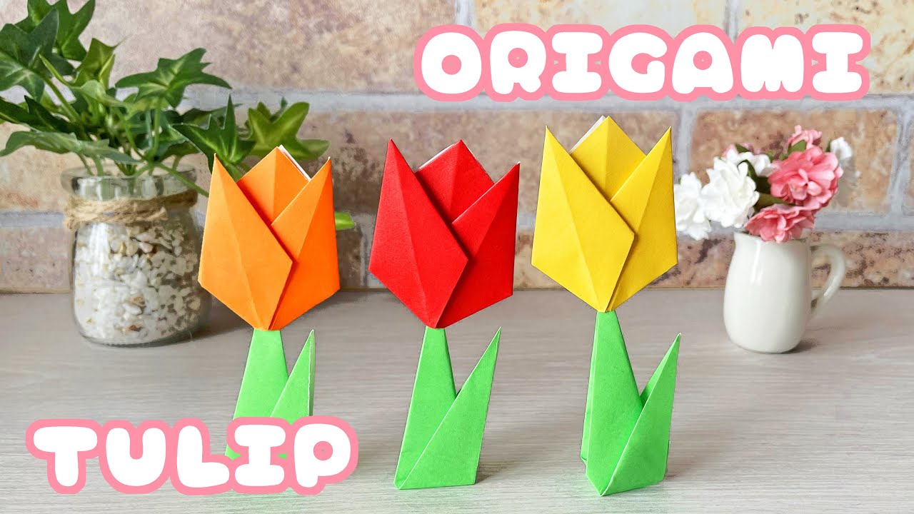 春の折り紙 チューリップの花とくきの折り方音声解説付 Origami Spring Flower Tulip Tutorial たつくり Youtube